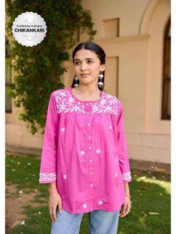 House of Chikankari - Cotton Chikankari Solid Women's Top - Pink