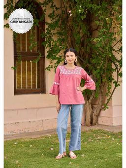 House of Chikankari - Pink Cotton Chikankari Solid Women's Top
