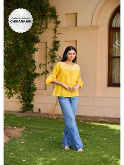 House of Chikankari - Yellow Cotton Chikankari Solid Women's Top