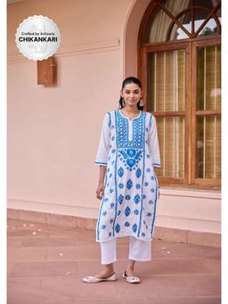 House of Chikankari - Blue Cotton Chikankari Solid Women's Long Kurta