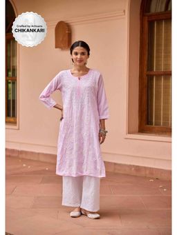 House of Chikankari - Cotton Chikankari Solid Women's Long Kurta - Pink