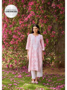 House of Chikankari - Pink Cotton Dobby Chikankari Solid Women's Long Kurta
