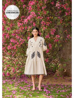 House of Chikankari - Cotton Linen Blend Chikankari Solid Women's Long Dress