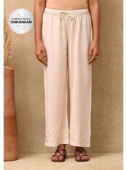 House of Chikankari - Cotton Linen Blend Chikankari Womens Palazzo - Beige