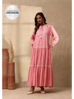 House of Chikankari - Cotton Dobby Chikankari Womens Long Dress - Dust Pink