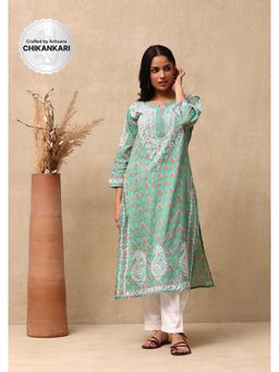 House of Chikankari - Cotton Chikankari Printed Womens Long Kurta - Green