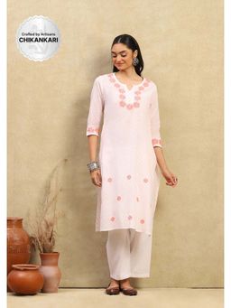 House of Chikankari - Cotton Dobby Chikankari Womens Long Kurta - Pink