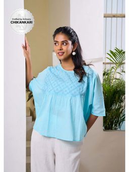 House of Chikankari - Cotton Chikankari Womens Top - Powder Blue