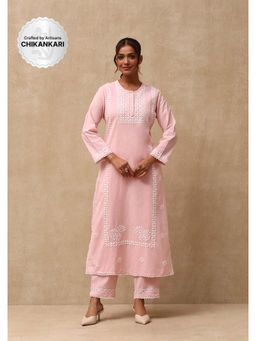House of Chikankari - Women's Pink Cotton Linen Blend Chikankari Kurta and Pant (Set of 2)