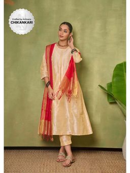 House of Chikankari - Silk Blend Womens A-Line Kurta with Pant and Dupatta - Golden
