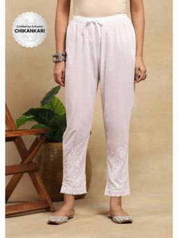 House of Chikankari - Cotton Chikankari Womens Pant With Lace - White