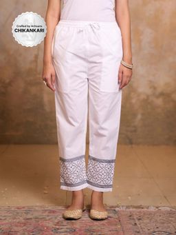 House of Chikankari - Cotton Hand Embroidered Womens Pant -White