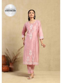 House of Chikankari - Chanderi Chikankari Womens Long Kurta with Pant -Pink