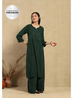 House of Chikankari - Rayon Chikankari Mukaish Long Kurta with Palazzo - Dark Green