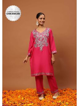 House of Chikankari - Hoc Crafts Art Silk Embroidered Zari Womens Knee Kurta with Pant - Magenta