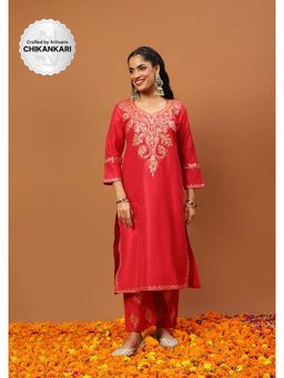 House of Chikankari - Hoc Crafts Art Silk Embroidered Zari Long Kurta with Pant - Red