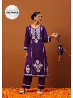 House of Chikankari - Cotton Chikankari Womens Long Kurta with Pant-Purple