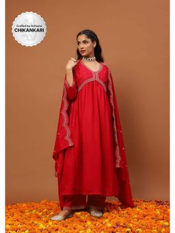 House of Chikankari - Silk Blend A-Line Anarkali Kurta with Palazzo and Dupatta-Red