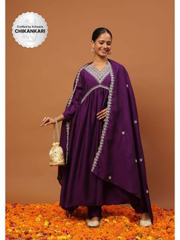 House of Chikankari - Silk Blend A-Line Anarkali Kurta with Pant and Dupatta-Purple