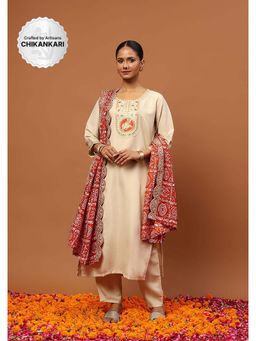 House of Chikankari - Cotton Blend Embroidered Sequin Kurta with Pant and Dupatta- Beige
