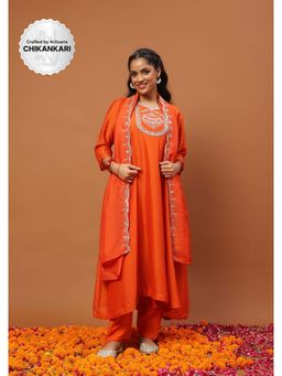 House of Chikankari - Silk Blend Zari Embroidered Sequins Kurta with Pant and Dupatta-Orange