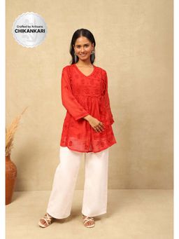House of Chikankari - Kota Chikankari Womens Short Angrakha Kuti With Inner -Red