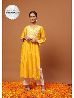 House of Chikankari - Chanderi Chikankari Womens Long Kurta -Yellow