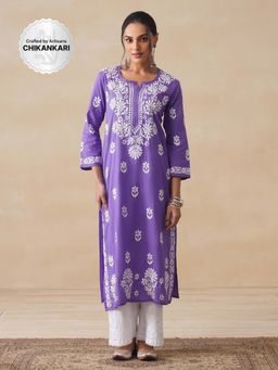 House of Chikankari - Nida Chikankari Cotton Straight Kurta - Purple