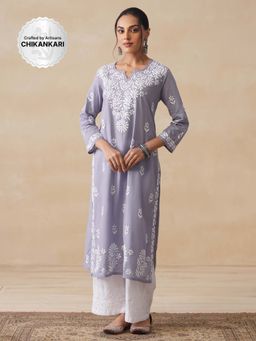 House of Chikankari - Nida Chikankari Cotton Straight Kurta - Grey