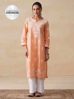 House of Chikankari - Nida Chikankari Cotton Straight Kurta - Peach