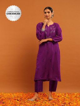 House of Chikankari - Purple Chanderi Chikankari Mukaish Kurta with Pant