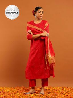 House of Chikankari - Red Chanderi Chikankari Mukaish Kurta with Inner, Pant and Dupatta