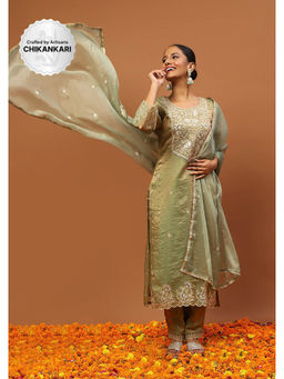 House of Chikankari - Green Kurta with Pant and Dupatta