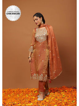 House of Chikankari - Rust Kurta with Pant and Dupatta