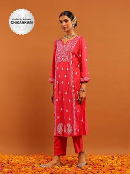 House of Chikankari - Cotton Lurex Chikankari Womens Long Kurta- Pink