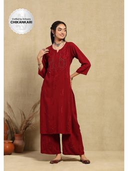 House of Chikankari - Maroon Rayon Chikankari Women's Long Kurta with Palazzo