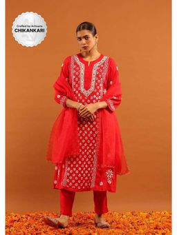 House of Chikankari - Red Chanderi Chikankari Women's Kurta with Pant and Dupatta