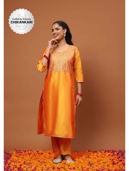 House of Chikankari - Mustard Art Silk Embroidered Zari Work Women's Kurta with Pant