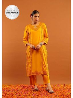 House of Chikankari - Mustard Jaam Silk Chikankari Women's Long Kurta with Pant