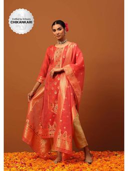 House of Chikankari - Red Banarasi Chanderi Hand Woven Women's Kurta with Pant and Dupatta