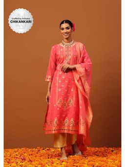 House of Chikankari - Pink Hoc Banarasi Chanderi Hand Woven Women's Kurta with Pant and Dupatta