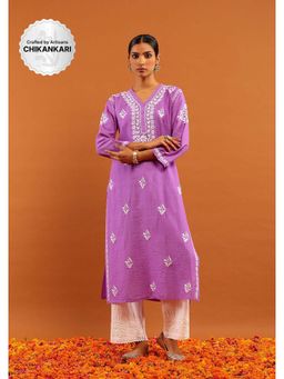House of Chikankari - Chanderi Chikankari With Sequins Solid Women's Long Kurta -Lavender