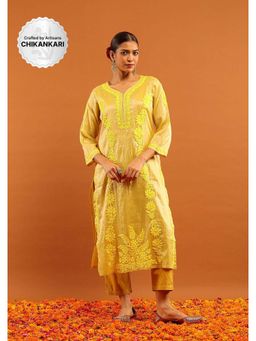 House of Chikankari - Tissue Silk Chikankari Solid Women's Long Kurta With Inner-Yellow
