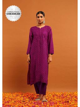 House of Chikankari - Banarasi Chanderi Chikankari Solid Women's Long Kurta-Purple