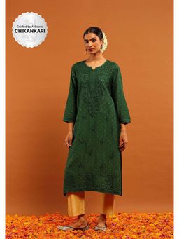 House of Chikankari - Banarasi Chanderi Chikankari Solid Women's Long Kurta-Green
