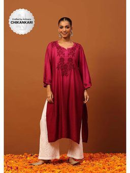 House of Chikankari - Chanderi Chikankari Ombre Women's Long Kurta -Wine