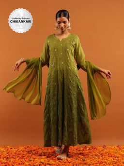 House of Chikankari - Women's Olive Cotton Chikankari Kurta and Salwar with Dupatta