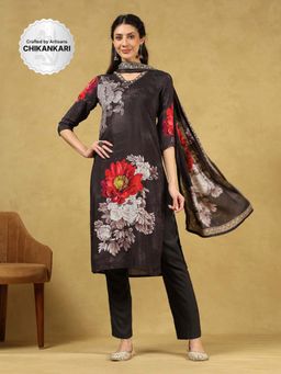 House of Chikankari - Women's Black Muslin Printed Kurta and Pant with Dupatta