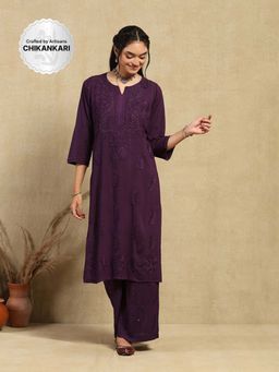 House of Chikankari - Women's Purple Rayon Chikankari Kurta and Palazzo