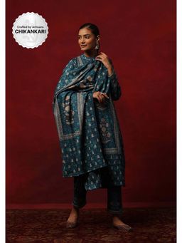 House of Chikankari - Teal Woollen Printed Women's Kurta With Pant And Dupatta